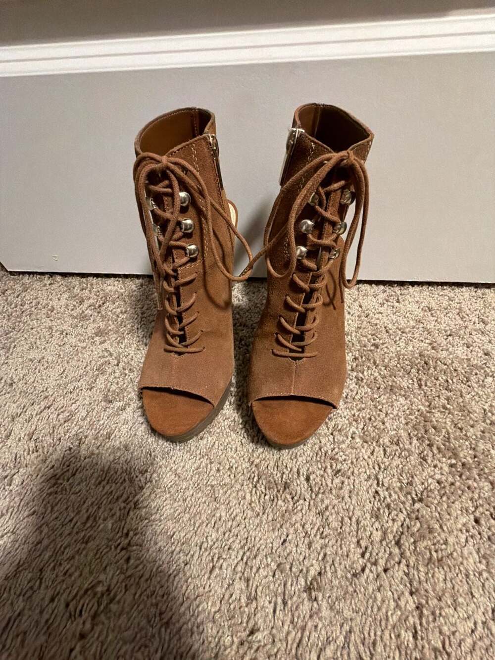 Bar III Emiko Brown Suede Open-Toe Lace-Up Heeled Booties